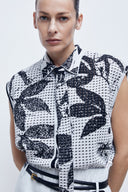 Camisa Gravata sem Mangas em Tricô Jacquard Botânico