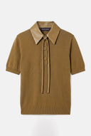 Blusa Polo em Tricô com Gola em Couro Removível