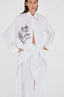 Camisa Boxy Tricoline Risca de Giz Estampada e Saia em Tricoline Risca de Giz com Detalhes em Algodão
